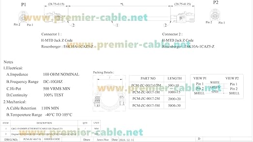 Rosenberger E6K10A-1CAZ5-Z H-MTD Vehicle Automotive Ethernet Cable 10Gbps 100/1000BASE-T1 H-MTD Female to Female Shielded LCA-101-1000-Z-Z Cable for ADAS, Telematics, Autonomous Driving (0.5M/1.64FT)