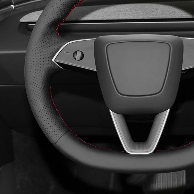MEWANT DIY Steering Wheel Cover for Tesla Model 3 Highland 2025 Tesla Model Y Juniper 2025 Made of Black Real Leather