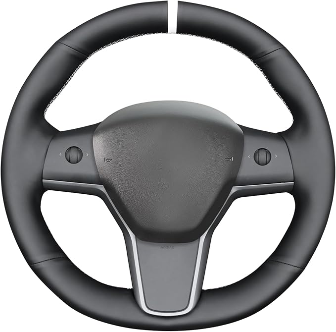 MEWANT Hand Sewn Black Smooth Faux Leather Steering Wheel Cover Wrap for Tesla Model Y 2020-2023 Tesla Model 3 2017-2023