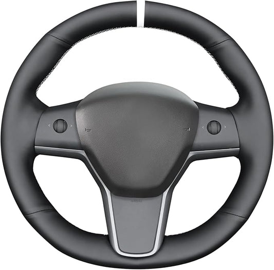 MEWANT Hand Sewn Black Smooth Faux Leather Steering Wheel Cover Wrap for Tesla Model Y 2020-2023 Tesla Model 3 2017-2023