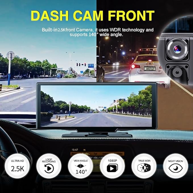 9.3" Portable Car Radio with Dashcam, Wireless Dash Mount, Apple CarPlay & Android Auto, Touch Screen Display, Bluetooth Stereo, Mirror Link, FM, GPS Navigation