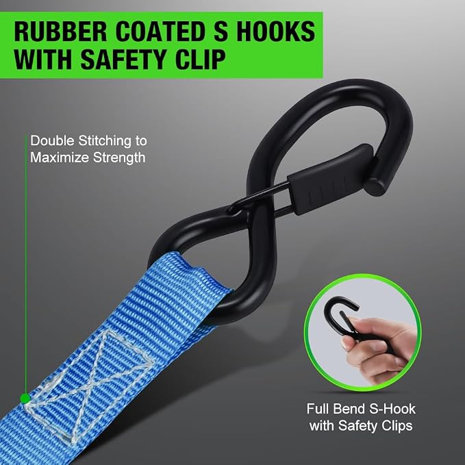 Retractable Ratchet Straps (4-Pack) - 1 Inch x 10 Feet (1,650lb Break Strength) - Heavy Duty Auto Self Retracting Tie Down Straps for Motorcycle, ATV, UTV, Truck, Cargo Trailer - Blue