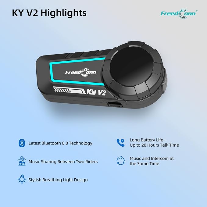 FreedConn KY V2 Motorcycle Bluetooth 6.0 Headset, Helmet Intercom Communication Systems with IP65 Waterproof, ENC Noise Cancellation, 2 Riders 500m, 1 Pack