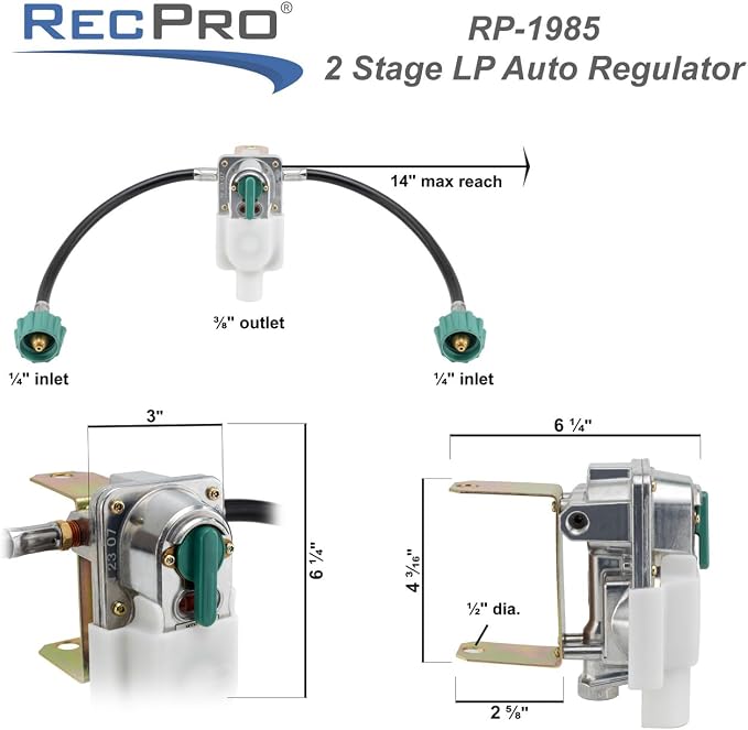 RecPro RV Propane Gas Regulator 2-Stage Auto Changeover | 11.5" Pigtail Hose Connector | 250 PSI | 287,500 BTU | Mounting Bracket & Cover | For RVs, Vans & Trailers