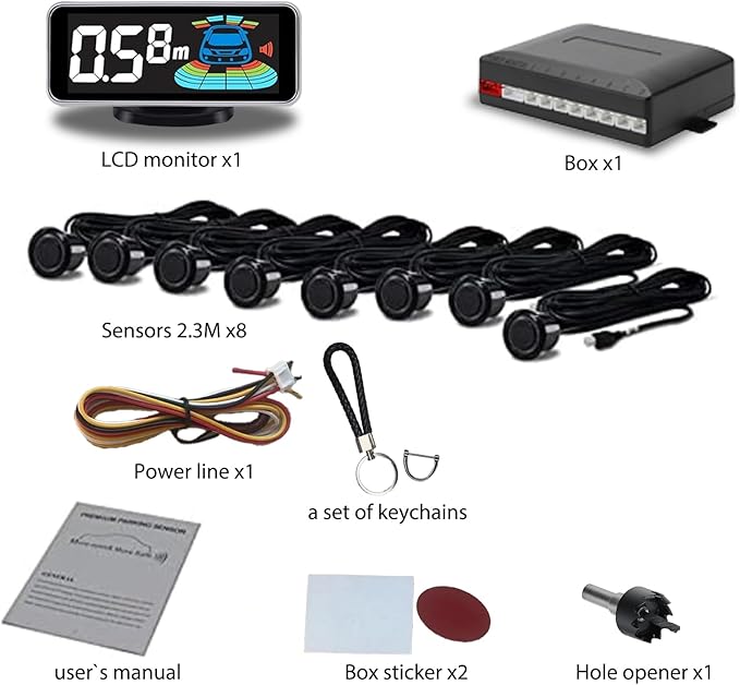 Backup Parktronic System Car Auto Vehicle Reverse with 8 Parking Sensors kit, LCD Display, Distance Detection (Meter/Foot Switchable), Buzzer Alarm and Voice Prompt Function（Green