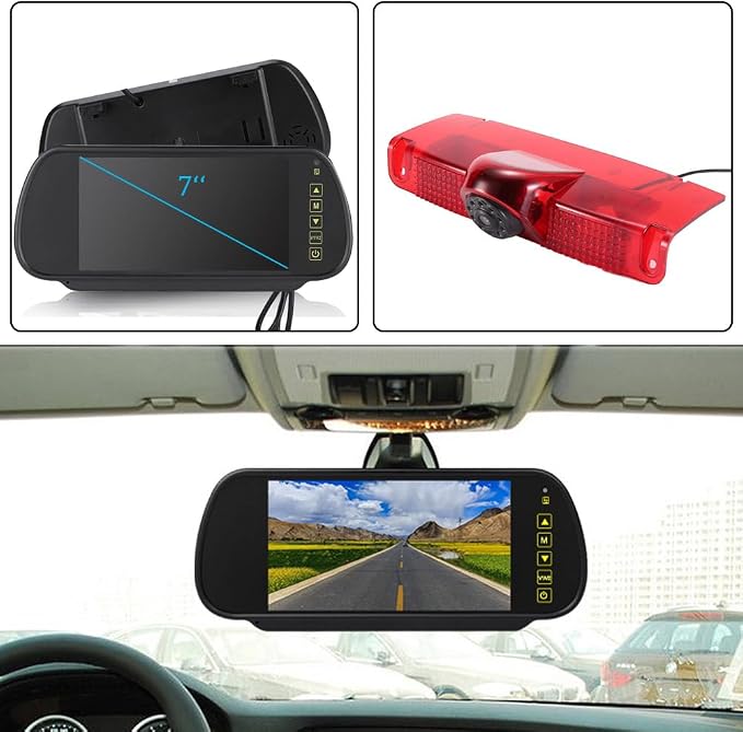 7 inch LCD Mirror Monitor+High Mount Brake Light Rear View Reverse Backup Camera Replacement for Chevrolet Express GMC Chevy Savana Exporer Vans Cargo Van 2003-2018