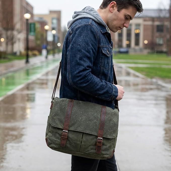 Vintage Genuine Leather Waxed Canvas Briefcase Large Satchel Shoulder Bag Rugged Computer 15.6" Laptop Bag