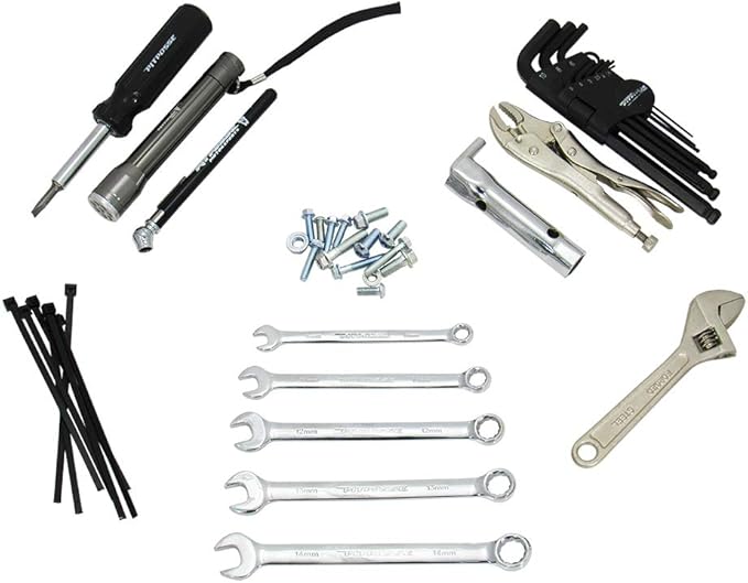 Pit Posse Motorcycle ATV Metric Tool Kit - Wrenches, Screwdriverm, Hex Set, Spark Plug Socket, Locking Pliers, Flashlight, Air Pressure Gauge, Bolts Compatible with Honda Kawasaki Yamaha Suzuki