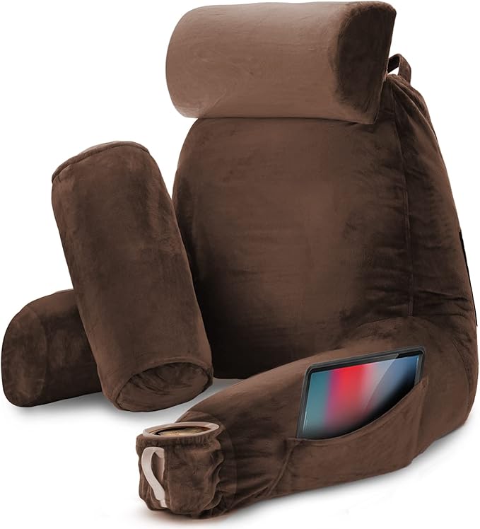 Nestl Reading Pillow with Shredded Memory Foam Includes 2 Neck and Lumber Support Pillows, Designed for Sitting Up in Bed and Couch, Back and Arms Adjustable Support for Adult & Teens, Chocolate Brown