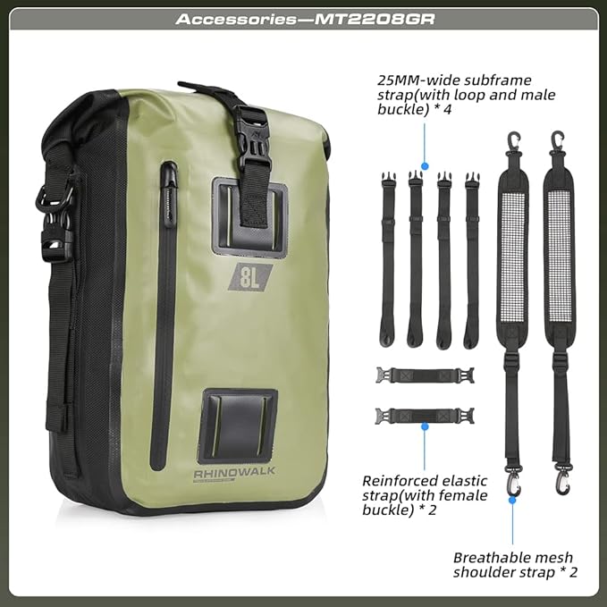 Rhinowalk Motorcycle Tail Bag Motorbike Side Bag 8L Full Waterproof Motor Saddle Pannier Bag Rear Rack Trunk Professional Motor Accessories-Green
