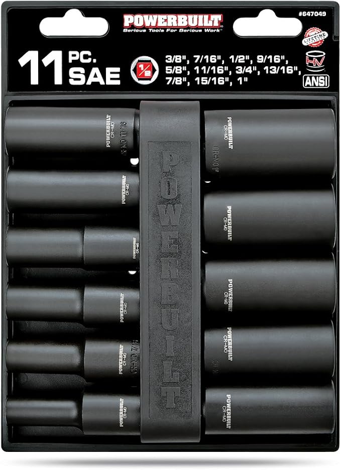 Powerbuilt 647049 1/2" Drive 6 Pt. SAE Deep Impact Socket Set, 11 Pieces , Black