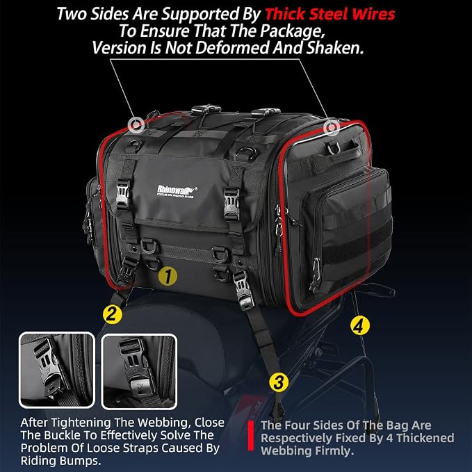 Rhinowalk Motorcycle Saddle Bag Motorbike Tail Bag Waterproof Expandable Pannier Bag Powersports Travel Luggage 80L (Black)