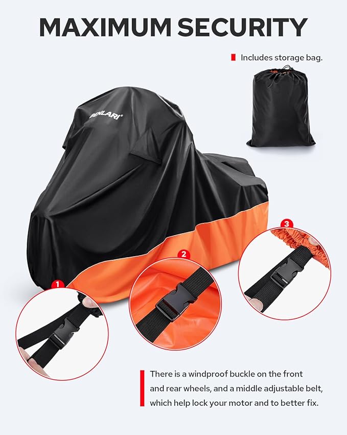 Benlari Upgraded Waterproof Motorcycle Cover with Side Box Compatible with Harley Davidson Touring Models Street Glide/Road Glide/Electra Glide/Honda, Outdoor All Weather Protection (107" x 43" x 50")