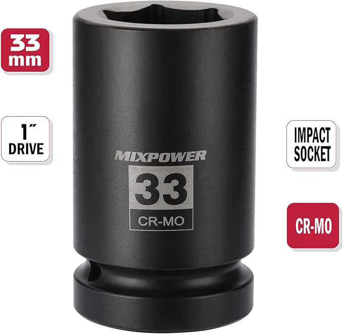 MIXPOWER 2 Pieces 1 Inch Drive Deep Impact Socket, CR-MO, 33mm, 6 Point, Radius Corner Design, Axle Nut Impact Grade Socket for Easy Removal, 2PCS Set