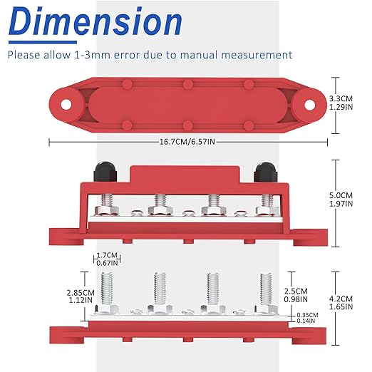 Upgraded Bus Bar 250A 12V Power Distribution Block with 5/16" (M8) 4-Posts Terminals Block with Cover for Automotive, Marine, Battery System (Black & Red)