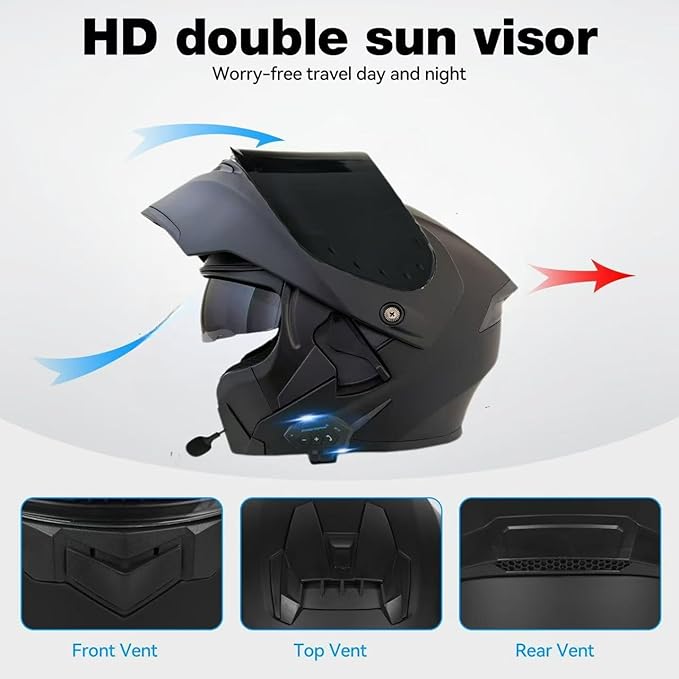 Motorcycle Bluetooth Modular Helmet, DOT Approved Flip Up Full Face Motorcycle Dual Visor Helmet, with Dual Speakers and Microphone, for Adults Men and Women