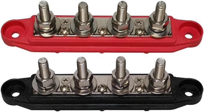(Red & Black) 5/16" 4 Stud Bus BAR Power Distribution Block - Made in The USA - for Marine Battery Terminals, 12v Power and Ground Distribution Blocks - Terminal Block for Battery Terminals - BusBar