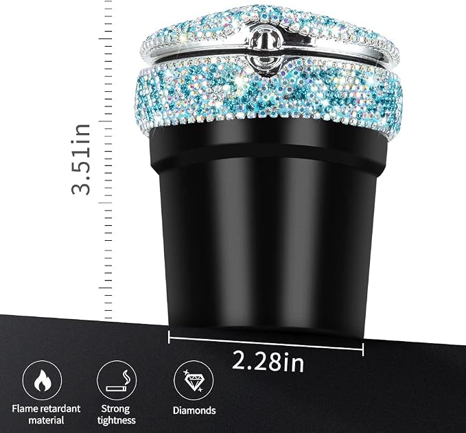 eing Car Ashtray Portable Bling Cigarette Smokeless Cylinder Cup Holder with Blue LED Light Indicator and 2 Replacement Batteries,Car Accessories for Women,Ideal for Car,Home and Office,1-Pack Blue