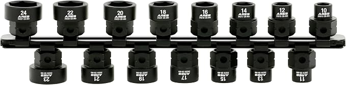 ARES 29020 – 15-Piece 1/2-Inch Drive Metric Low Profile Nano Impact Socket Set – Impact Grade Sockets Offer Greater Clearance Than Typical Shallow Sockets – Includes Aluminum Storage Rail
