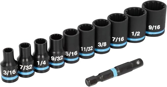 Spyder 11-Piece 1/4-inch Spline Drive SAE Shallow Impact Socket Set with Adapter, for 6pt, 12pt, Star, Square, Spline and Damaged Fasteners