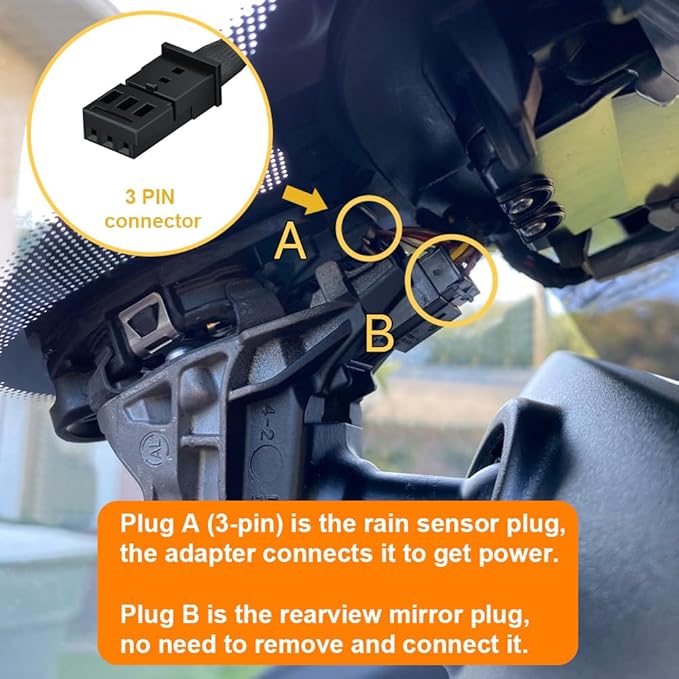 Dash Camera Power Adapter (3-Pin) for Audi Volkswagen Porsche, Connects to Rain Sensor, LED Display USB Power Source, Easy to Install, 5V 12V Output, for Dash Cam, Radar, D3-025