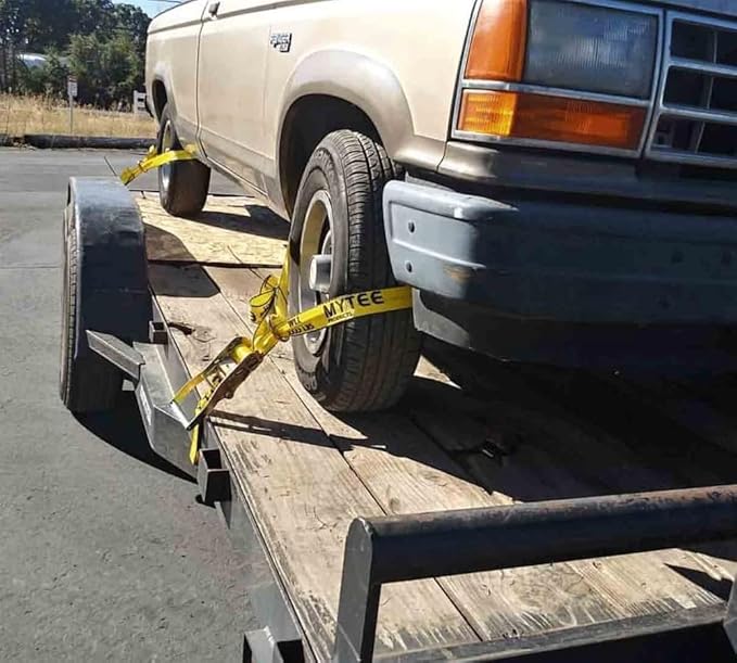 Mytee Products (4 Pack) 2" x 120" Car Trailer Tie Down Straps with Flat Hook - 3333 LB WLL Lasso Style Tire Straps for Vehicle Hauling