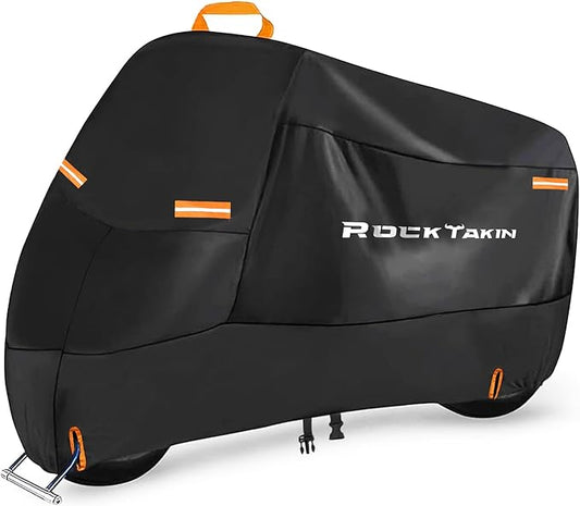 ROCKTAKIN 300D Heavy Duty Motorcycle Cover, Waterproof All Season Outdoor Protection with 4 Reflective Strips & Lock Holes, Fits Most Cruisers, Touring Bikes and Scooters up to 116"