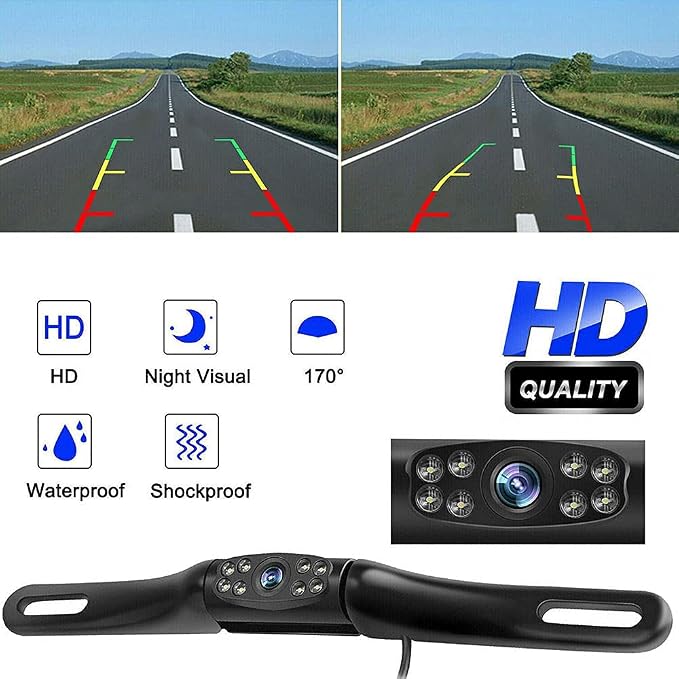 HD Night Vision Reversing Camera with 8 LED 170° Wide Angle Backup Camera 45° Adjustable Lens Angle Waterproof Rear View Camera