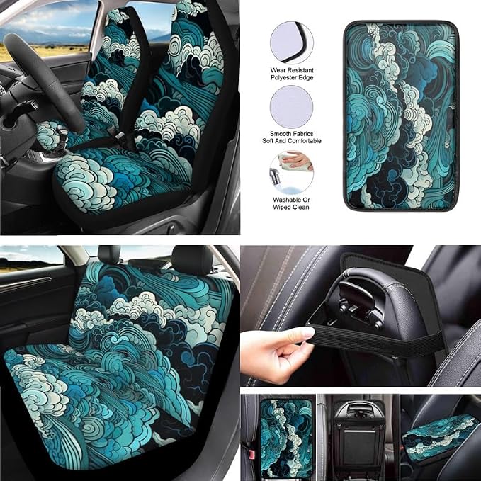 Chinese Cloud Pattern Print 13 Piece Car Seat Cover Set for Women Full Set Retro Sea Wave Car Seat Protectors Coaster Pads Decor Accessory, Turquoise