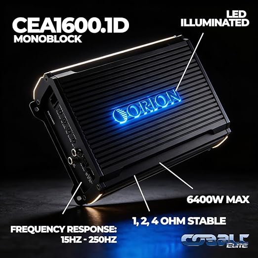 Orion Cobalt Elite CEA1600.1D Class-D Monoblock Compact Car Subwoofer Amplifier, 1600W RMS, 1/2/4 Ohm Stable, Adjustable Low Pass & Subsonic Filter, Bass Boost, MOSFET Power Supply, Bass Knob Included