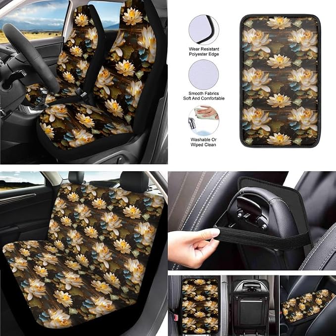 Lotus Oil Painting Pattern Car Seat Covers Seat Cover Set of Waterlily Hand Drawing Print 13 Pack Ultra-Soft Universal Fit for Cars Keychain Coaster for SUV Sedan Van