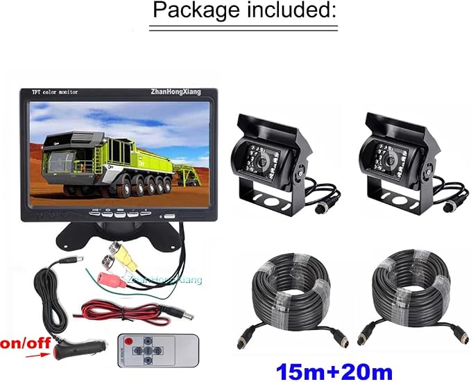 AHD 1080P Vehicle Backup Camera and 7 inch IPS Screen Monitor System, 2X Wired Car Rear View Mirror Camera 4 Pin with 15m20m Cable for RV Truck Camper Semi Box