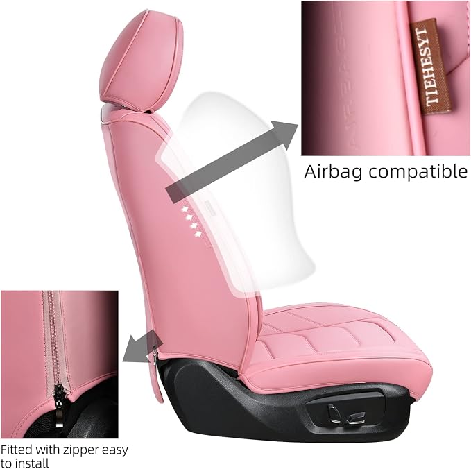 TIEHESYT Pink Car Seat Covers Front Pair, Breathable Leather Automotive Front Seat Covers & Headrest for Comfortable Driving, Universal Auto Interior Fit for Most Kinds of Vehicles