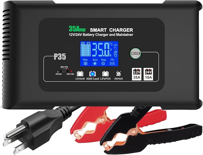 Battery Charger 0-35A,12V&24V Lithium Battery Charger for LiFePO4,Lead Acid,AGM,RV,Marine,Boat, and Deep Cycle Batteries,9 Stage with Pulse Repair,Smart Car Trickle Charger & Maintainer