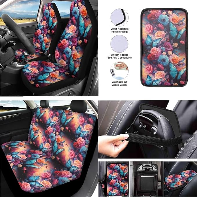Morpho Menelaus Rose 13 Pieces Seat Covers Accessories Blue Butterfly Flower Steering Wheel Cover Seat Cover Full Set Seat Belt Shoulder Pad Car Cover for Truck SUV