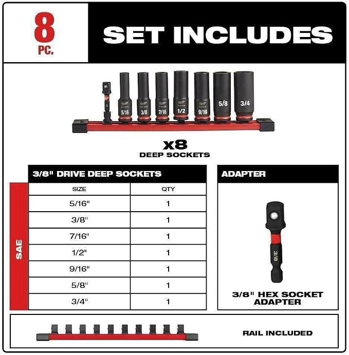 8 Pc. Shockwave Impact Duty For Milwaukee Tool 49-66-7024 3/8 In. Drive Sae Deep