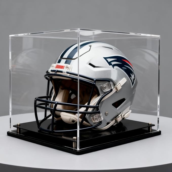 Football Helmet Display Case, Crystal Clear Acrylic Showcase with Stainless Steel Screw Feet, Helmet Case with Black Protection Holder Base, Self-Assembly Dust-Proof Helmet Case for Sports Memorabilia