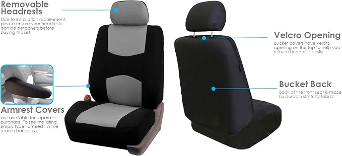 FH Group Car Seat Covers Flat Cloth Front Seats Only Gray Automotive Seat Cover, Airbag Compatible Universal Fit Interior Accessories Cars Trucks SUV Combo Steering Wheel Cover & Seat Belt Pads