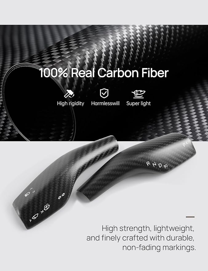TPARTS Real Carbon Fiber Steering Lever Cover for Tesla Model 3 (2018-2023) Model Y (2020-2024) Gear Shift Cover 2PCS Steering Wheel Gear Lever Accessories (Matte Black)