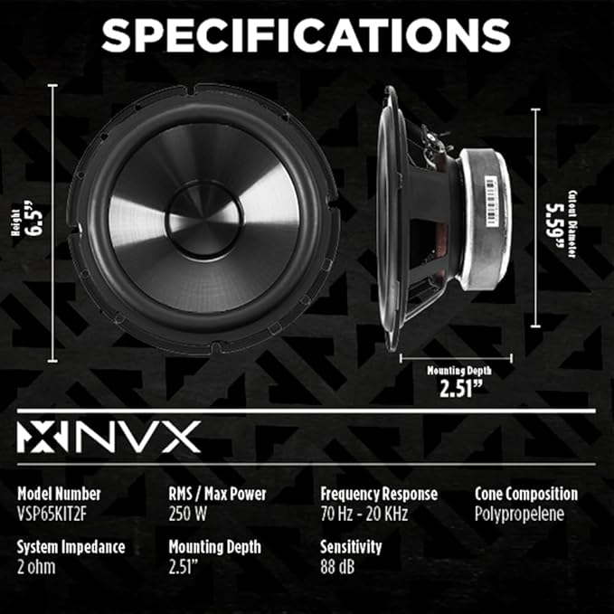 NVX® VSP65KIT2F 6.5" Premium Car Speakers, 375W each side(750W per set), 250W RMS, 2-Ohm 2-Way Component System w/ 1" Silk Dome Tweeters & Passive X-Overs, Easy to Install in Cars/Trucks/Doors (Pair)