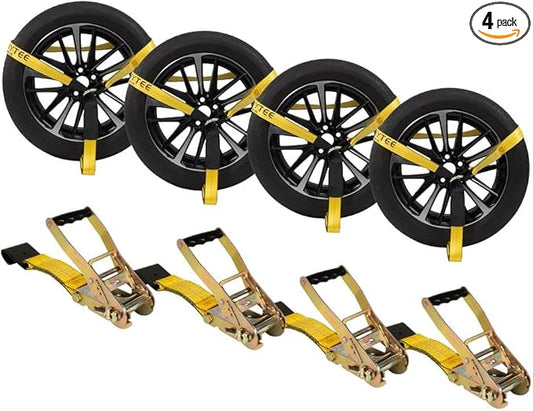 Mytee Products (4 Pack) 2" x 120" Car Trailer Tie Down Straps with Flat Hook - 3333 LB WLL Lasso Style Tire Straps for Vehicle Hauling