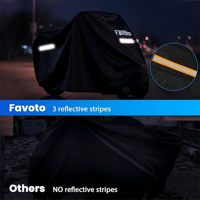 Favoto Motorcycle Cover Waterproof Outdoor All Season Weather Sun Rain Protection Night Reflective with Lock-Holes & Storage Bag Fits up to 96.5" Motorcycles Powersports Vehicle Cover