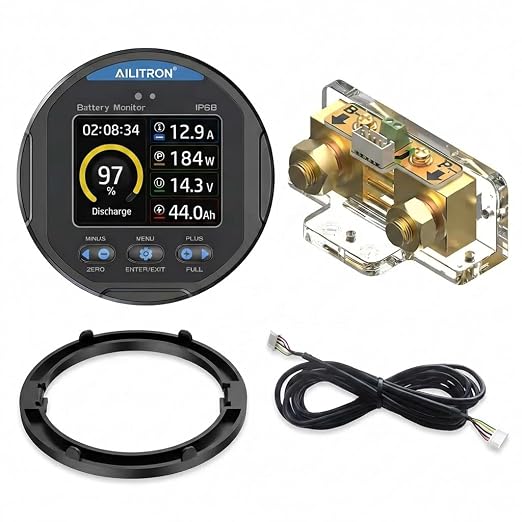 TR24 Battery Monitor with 50A Shunt, 8V-100V High-Precision Coulometer for LiFePO4, AGM & Lead-Acid TFT Color Screen for Small RV, Marine, Camper Van, Solar Off-Grid System, IP68 Waterproof
