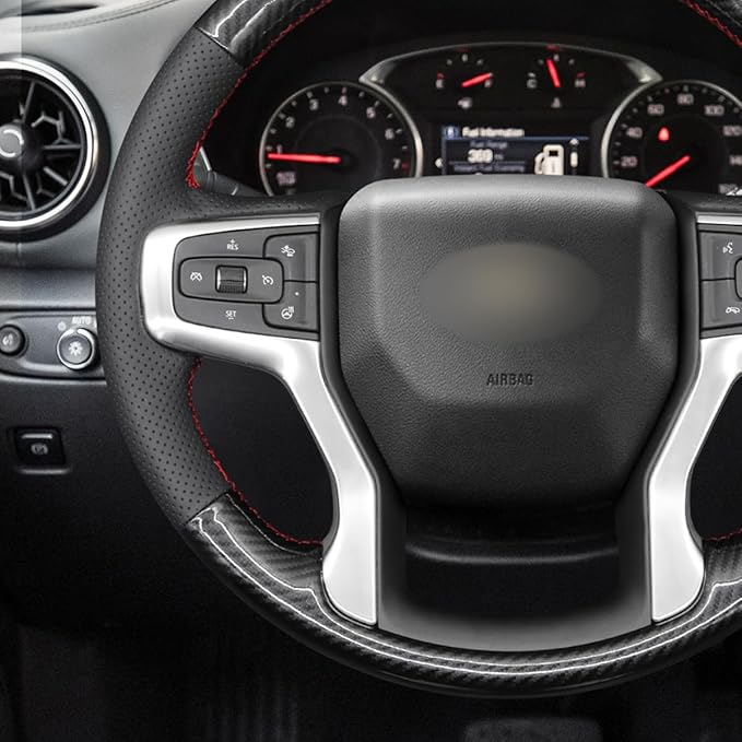 MEWANT DIY Black Genuine Leather PU Carbon Fiber Steering Wheel Cover for Chevy Blazer Silverado 1500 2500 Suburban