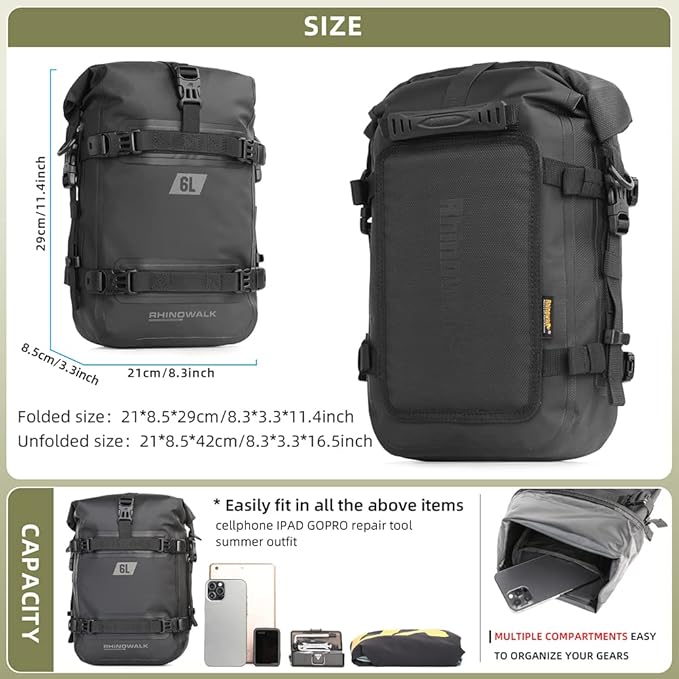 Rhinowalk Motorcycle Front Bumper Bag Tail Bag Motorbike Side Bag 6L Full Waterproof Moto Saddle Pannier Bag Professional Motor Accessories-Black
