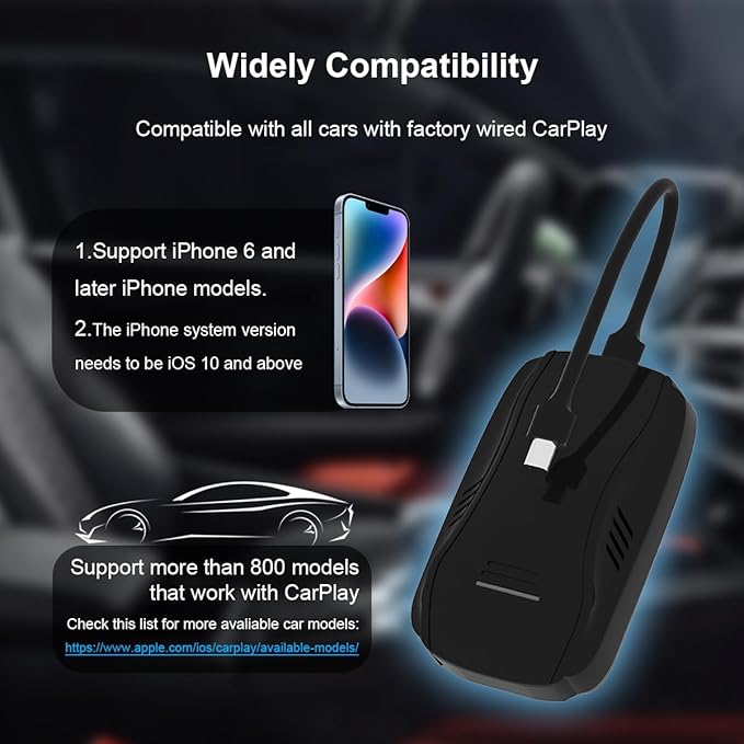Wireless CarPlay Adapter for iPhone, Convert Wired CarPlay to Wireless, Plug-and-Play Stable Control & No Delay, Compatible with OEM Wired CarPlay Vehicles & iOS 10+