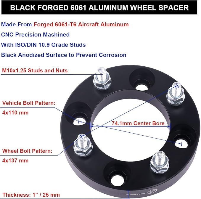 Black Forged 4x110 to 4x137 ATV Wheel Adapters 1 Inch with 10x1.25 Studs Compatible with Honda Suzuki-Yamaha-Kawasaki 4 Lug for Foreman Rincon Rancher Kodiak Grizzly King Quad - Pack of 4