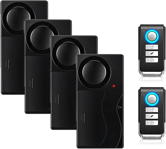 Mengshen Wireless Anti Theft Vibration Door Window Alarm Motion Sensor with 2 Remote Control Burglar Alarm for Bicycle EBikes Scooter Car 110dB Loud (4 Sensors with 2 Remote Control)