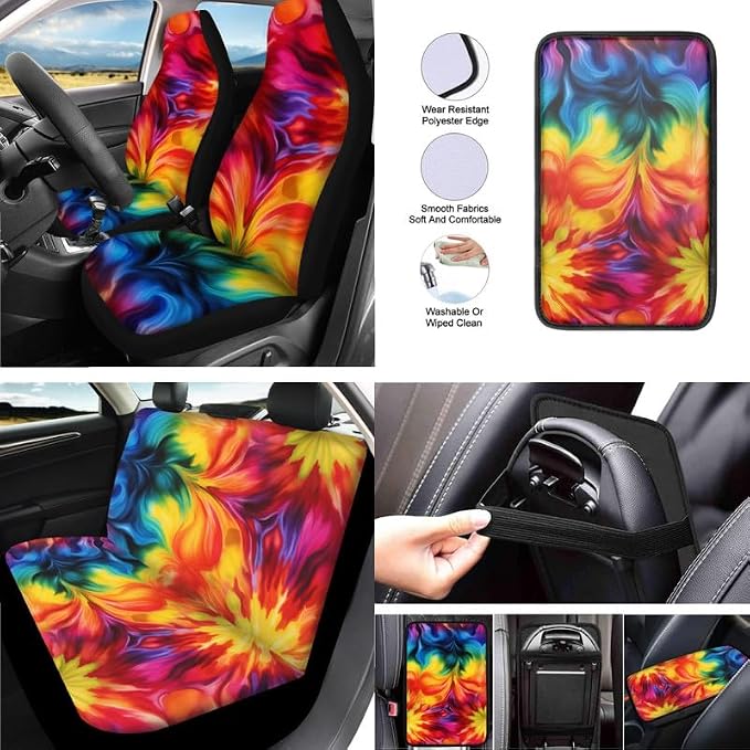 Rainbow Tie-Dye Print 13 Pcs Universal Car Seat Covers Set, Colorful Abstract Art Painting Steering Wheel Cover Cup Coasters Trucks Sedan SUV Cover Armrest Cushion Pad