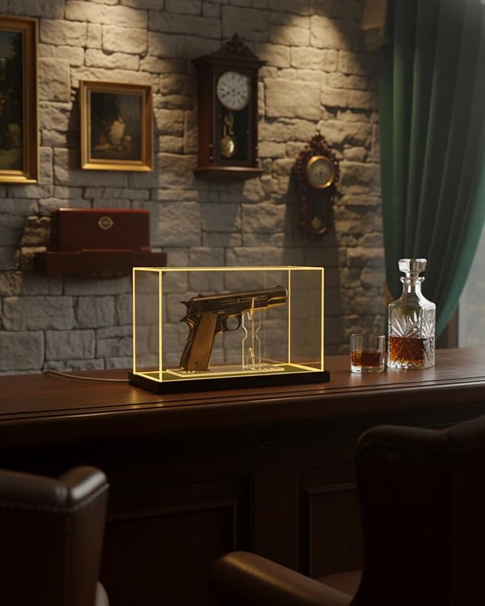 Premium Acrylic Pistol Display Case with Amber Yellow LED Light, Solid Wood Base & Built-in Stand | UV Resistant Pistol Display Box for Gun Collector, Fits Most Pistols - 12" x 5.3" x 7.5"